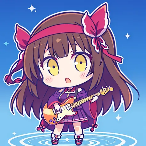 Playing electric guitar、Very cute and beautiful chibi anime girl、Full Body、Are standing、Highly detailed face and yellow eyes、Big red flower hair ornament、Clear contours、solo、tukimichi_spider