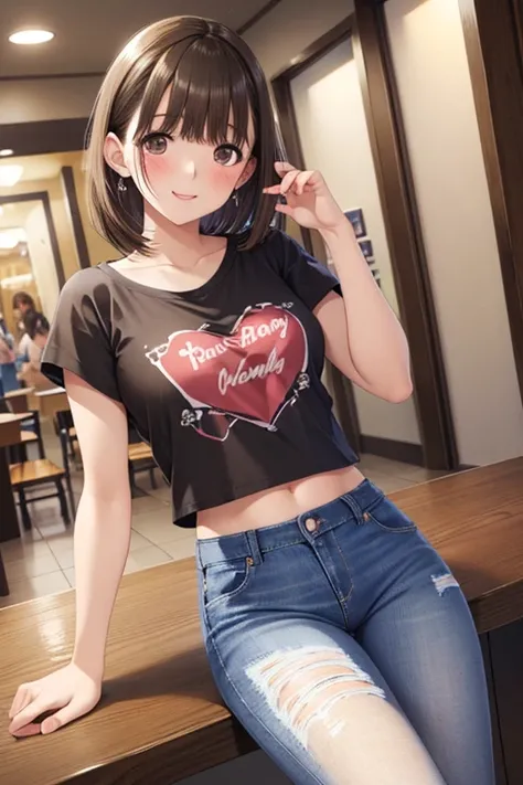 highest quality, masterpiece, 

Shiny brown hair, short hair, Brown eyes、smile、 Medium chest, , , crop t-shirt, Denim jeans, 
View your viewers, mall, (blush:1.2), Happy