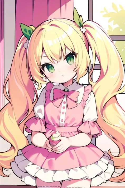 blond hair, green eyes, long hair, , twintails ,sassy ，cheey , mesugaki, pink clothes, pink bows, pink room, room, white stockins