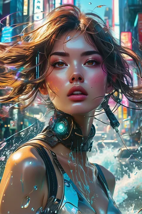 Cyberpunk, brown hair, futuristic, surreal, ultra-wide, wide-angle lens, looking up, dynamic movement, expressive, vibrant, sacred cinematic edges, laser hologram Futuristic cities、TOKYOcty、empty mechanical car、natta、Numerous cyborgs fighting surrounded by...