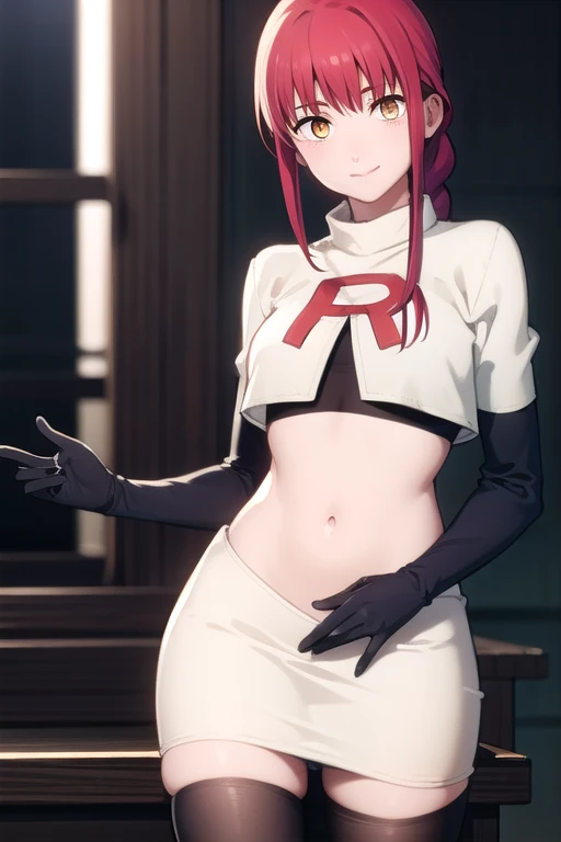 makima, makima, long hair, smile, bangs, small breasts, (yellow eyes:1.2), braid, red hair, braided ponytail, ringed eyes, 
BREAK team rocket,team rocket uniform,white skirt,red letter R,crop top,black thigh-highs,black elbow gloves,
BREAK looking at viewe...