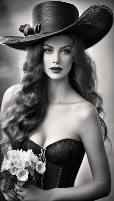 A beautiful woman with long hair and a hat, wearing a corset and holding a flower. The image is in black and white.