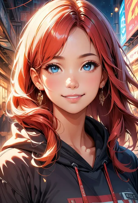 concept:Beautiful woman portrait。 quality:(最高quality, 4K, High resolution, masterpiece:1.2), Very detailed, (Anime Style, Realistic:1.37),An inviting smile、Black hoodie、Red hair