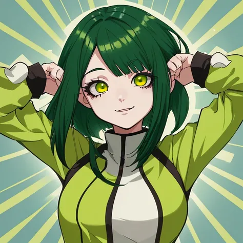 Imagen de una chica de complexion mediana de cuerpo completo con cabello largo de color verde medio oscuro con un rostro que muestra felicidad y con el uniforme del anime my hero academia, sus ojos son de color rojo y amarillo