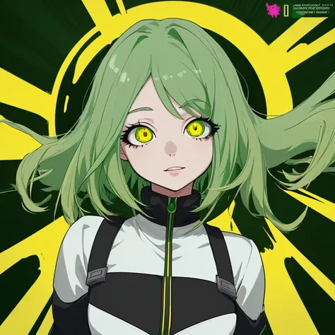 Imagen de una chica de complexion mediana de cuerpo completo con cabello largo de color verde medio oscuro con un rostro que muestra felicidad y con el uniforme del anime my hero academia, sus ojos son de color rojo y amarillo