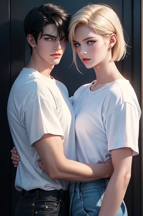 A tall handsome young man with black hair, with long black hair gathered in a tight ponytail, short bangs, blue eyes, he is wearing a white T-shirt and white jeans, he hugs an incredibly beautiful tall blonde femme fatale young blonde woman with a very sho...