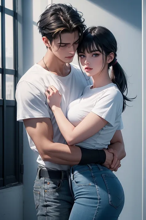 A tall handsome young man with black hair, with long black hair gathered in a tight ponytail, short bangs, blue eyes, he is wearing a white T-shirt and white jeans, he hugs an incredibly beautiful tall blonde femme fatale young blonde woman with a very sho...