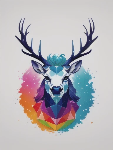 (masterpiece, highest quality:1.2), High resolution/high contrast,Splash Art, Abstract surreal colors, Popular geometric surrealism, Rainbow Dreams Colorful Stag, beautiful, 8k、White background