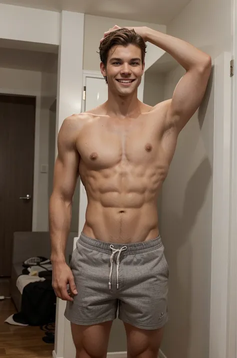 You could create an image of a tall, strong boy. with wavy brown hair, gray eyes, smiling very sexy and without a shirt.