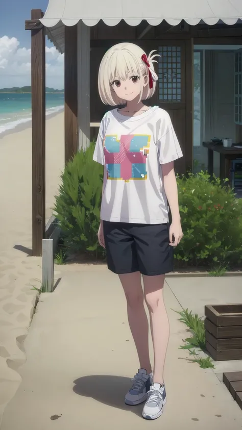 (((Pixel Perfect, Perfect detail))), alone, 1 girl, Chisato Nishiki, Looking at the audience, tshirts, short pants, smile, full Body, beach