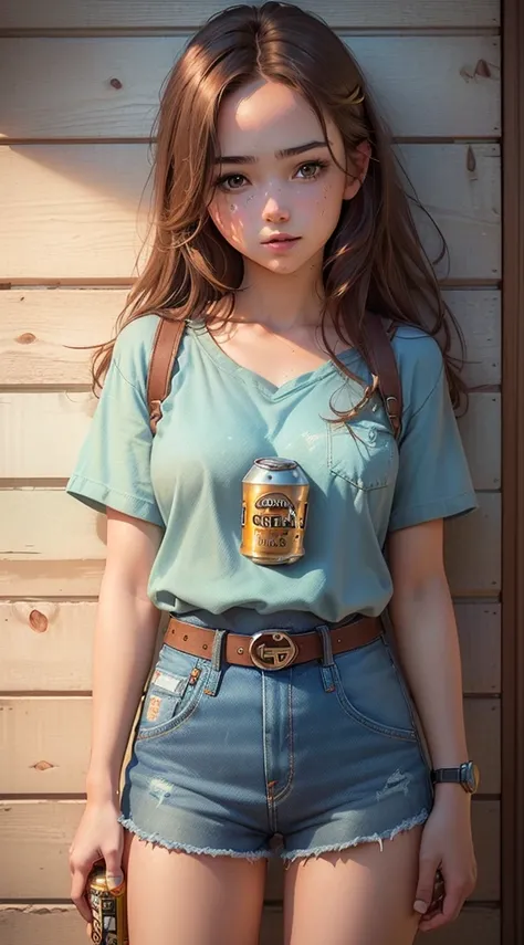 (highest quality, Very detailed, Photorealistic:1.(((Drunk))),Cute and sexy teenager, brown hair,Small breasts, wearing denim shorts, Belted,(watch,G-SHOCK), Moderate:Pencil sketch, Grainy, Vibrant colors, Soft lighting, Outdoor Scene, Warm Tones,Wooden wa...