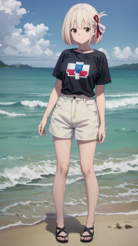 (((Pixel Perfect, Perfect detail))), alone, 1 girl, Chisato Nishiki, Looking at the audience, tshirts, short pants, smile, full Body, beach