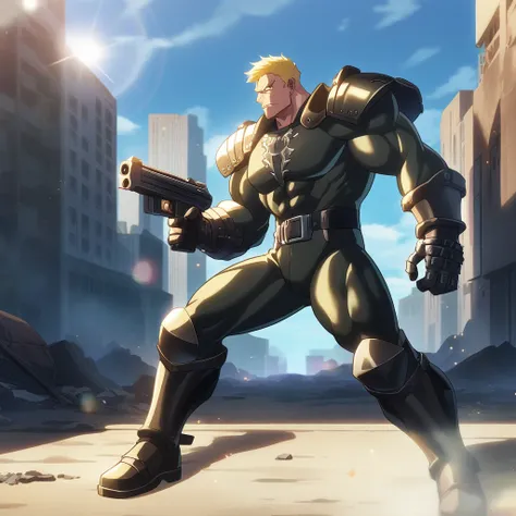 1guy, muscular, Science Fiction, solo, trench coat, male ideal ratio body proportions, latex bodysuit, fullbody, 40yo, facial wrinkles, gunslinger, blonde, wolfcut, looking at veiwer, Post-apocalyptic, ruined city, [gauntlet, shoulder armor, greaves], gun-...