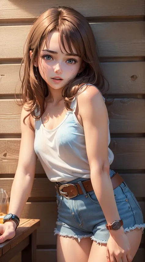 (highest quality, Very detailed, Photorealistic:1.(((Drunk))),Cute and sexy teenager, brown hair,Small breasts, White sleeveless shirt,wearing denim shorts, Belted,(watch,G-SHOCK), Moderate:Pencil sketch, Grainy, Vibrant colors, Soft lighting, Outdoor Scen...