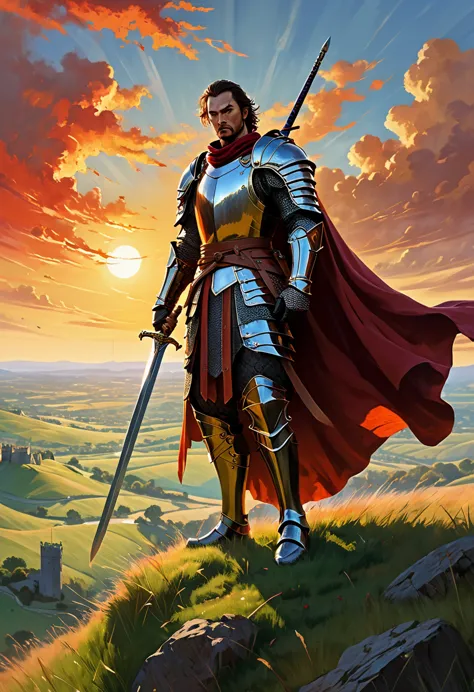 a swordsman with a fierce expression, shiny sword, and flowing cape, standing at the top of a tall hill overlooking a vast medie...