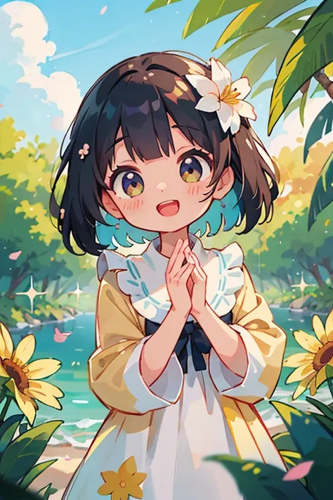 stand in front of a photo、Open mouth and big smile、Water drops on cheeks、Cute pose（tespero）、Flowing iridescent silk、Close-up of face、Look up、Heart patterned contact lenses、Floral Dress、There is a flower in front of you、petal、season!!: summer☀ 🍂