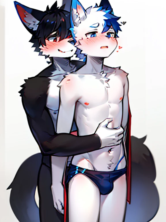 2 boys, Wolf,young people，Black and white fur，Topless，Red and blue eyes，blush