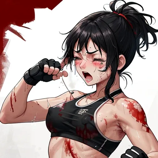 Covered in blood、A beautiful high school girl mixed martial artist covered in scars and a broken body。He was slammed to the ground during a bout in the Octagon.、Close your eyes、Fighting with open mouth and tears。Out of stamina。painful。Sad。Facial swelling。B...