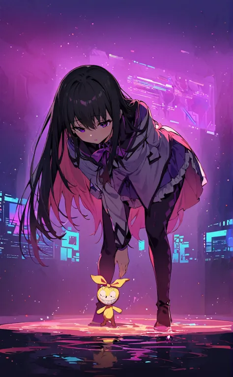 (highest quality:1.2),one girl,alone,homu，magical girl clothes，boots，purple eyes,long hair,black hair,bangs，hair between the eye...