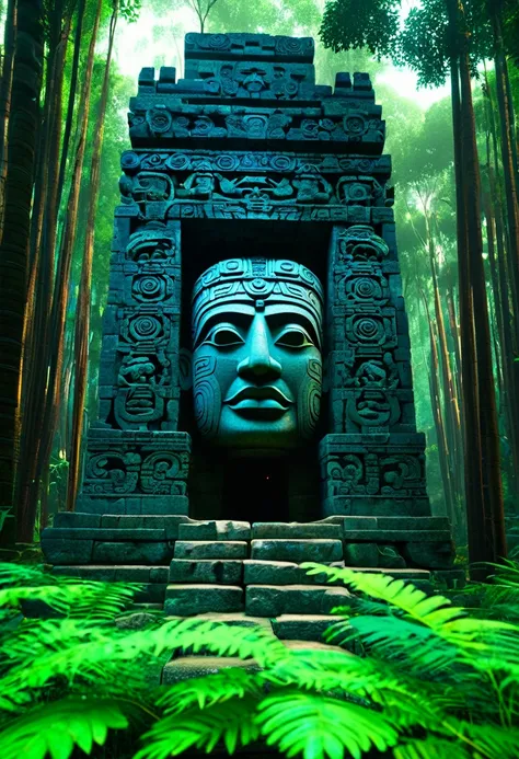 there is a stone statue in the middle of a forest, stone eyes, still from the aztec cyborg movie, facade of freddy mamani sylvan, cg game, movie promo image, big temples, face shown, in a shrine, examining ruins  