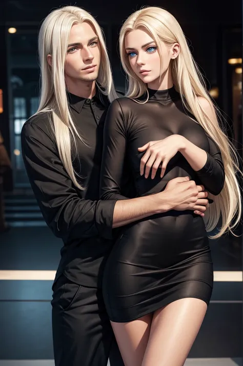 A tall handsome young man is platinum blonde with long straight white hair, clear blue eyes, he is dressed in a black shirt, the sleeves of which are rolled up to the elbow and classic black trousers, he hugs an incredibly beautiful femme fatale young woma...