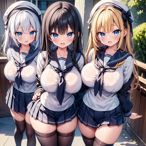 highest quality,wonderful,finely,extremely detailed CG Unity 8K wallpaper, (Stand in line:1.2), (3 girls, cute eyes, sailor uniform, clothed), (huge breasts), (open mouth:1.1), (long tongue:1.1), (mouth drool:1.1), (black stockings:1.1),(Thighs:1.1),(Waist...