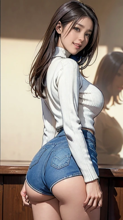 8k, RAW Photos, highest quality, masterpiece, Realistic, Photorealistic, (1 Ultimate beauty), middle aged, Highly detailed face, (Perfect Teeth), Detailed eyes, double eyelid, eyelash, Grin, Lip details, brunette bob((,Round ass)), Big Breasts, (Navy blue ...