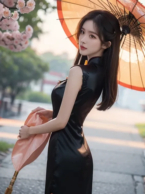 (big breasts), E cup size, tight hips, thin waist. Yoona, realistic, real person, long hair, 8k, cute, wearing a black ((hollow low-cut cheongsam)), holding a Chinese umbrella, emphasizes expressions, clothing details, body proportions, animal furs, the ch...