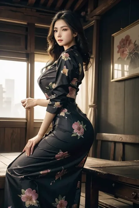 a beautiful girl in vintage colors aodai, masterpiece ,(Dye painting)  ( Black color   dress ) wrapped in a large flower print( flower silk ..... with  ) best quality, realistic:1.3, street, cyberpunk, holding bundle of adubon sunlight, backlighting, (well...