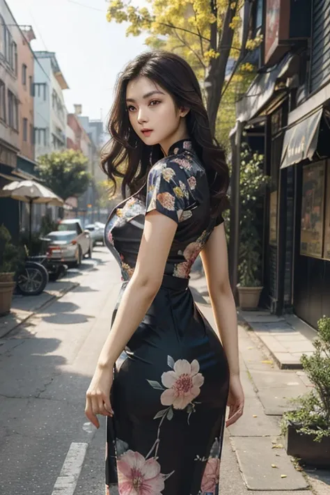 a beautiful girl in vintage colors aodai, masterpiece ,(Dye painting)  ( Black color   dress ) wrapped in a large flower print( flower silk ..... with  ) best quality, realistic:1.3, street, cyberpunk, holding bundle of adubon sunlight, backlighting, (well...