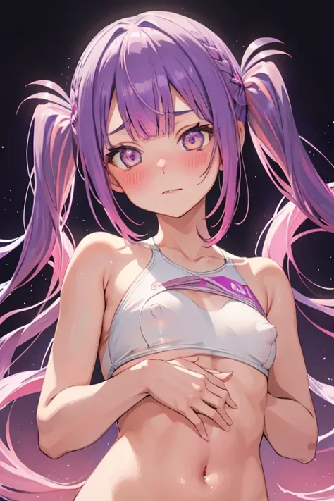 highest quality, High resolution, One Girl, TokoyamiTowa, NSFW, Glowing Skin, bangs, Twin tails, Purple Hair, White swimsuit, Pink nipples, Sparkling eyes, blush, Abdominal muscles,