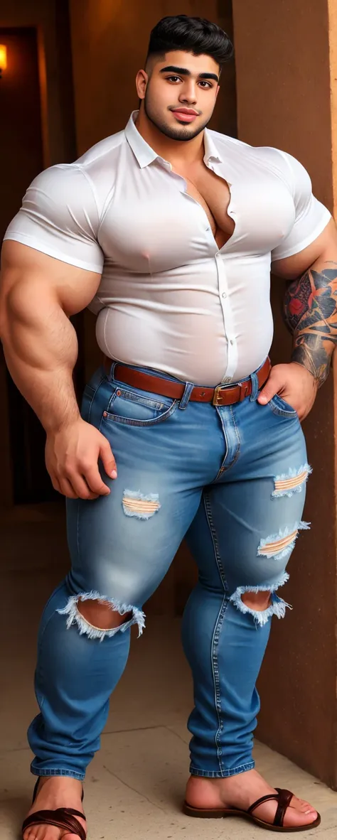 4 meter tall slightly overweight arab man. 20 years old. Young face with goatee chin. Very sexy Posing for camera. Muscular. Wearing a silk shirt and torn jeans. Big ass. Very developed long and thick legs. One person only. Even bigger legs. Long legs. Tat...