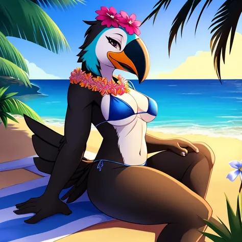 Solo female, toucan, avian, bird, curvy, black feathers, blue bikini bottom, topless, flower lei, holding coconut drink, beach, Hawaiian, tropical, palm trees in background