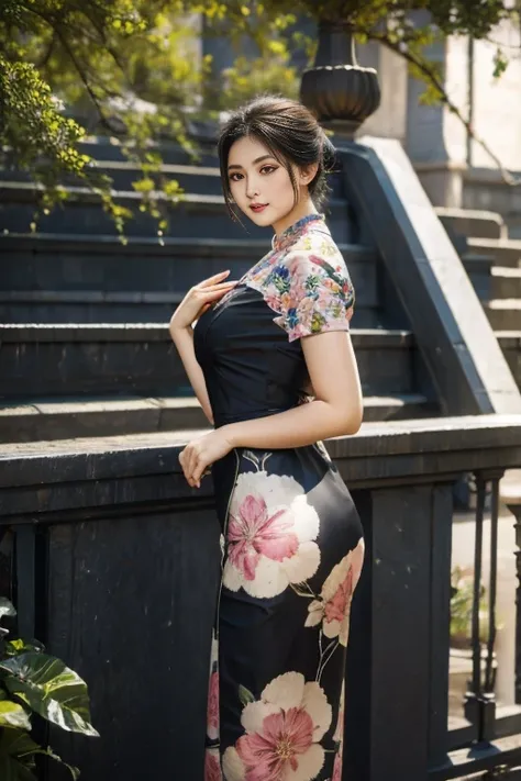 a beautiful girl in vintage colors aodai, masterpiece ,(dye painting)  ( black color   dress ) wrapped in a large flower print( ...