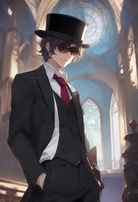 1boy, solo, kurofuku, necktie, male focus, black suit, upper body, black pants,inky body,cyan eye,grin, wearing a top hat, mystery being, sunglasses