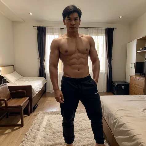 Thai man with six pack standing in bedroom wearing pants