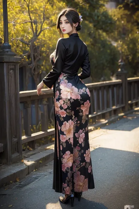 a beautiful girl in vintage colors aodai, masterpiece ,(dye painting)  ( black color   dress ) wrapped in a large flower print( ...