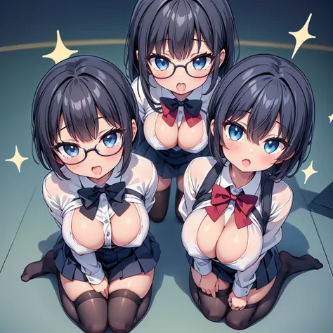 highest quality,wonderful,finely,extremely detailed CG Unity 8K wallpaper, (3 girls, Stand in line:1.3), (cute eyes, Black Hair, Glasses, clothed), (sparkling eyes:1.2), (huge breasts), (all fours:1.3), (open mouth:1.1), (long tongue:1.1), (mouth drool:1.1...