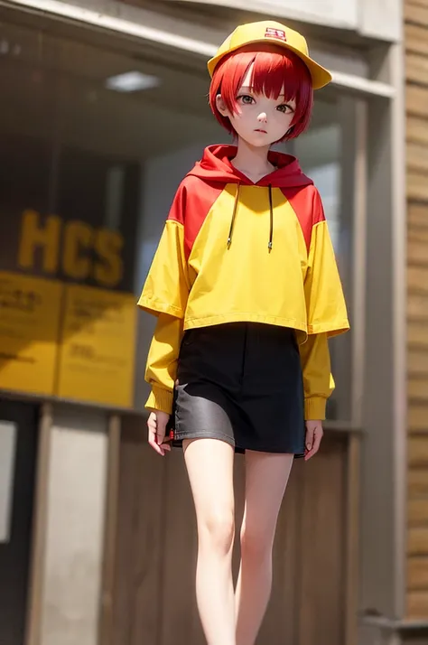 Red Hair　Short Hair　juvenile　１２age　Yellow Hat　red and yellow hoodie　