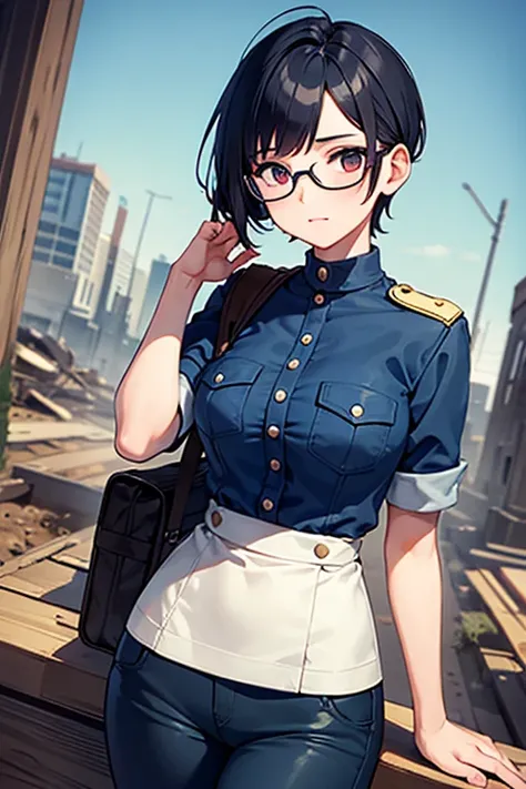 Wide angle, a pretty girl messenger, wearing large glasses, undercut hair, wearing postal uniform, in a post-apocalyptic world