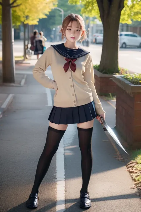 Masterpiece, best quality, one girl, delicate eyes, nice face, sailor uniform, standing, pose with sword, (black socks: 1.4), brown loafers, 8k