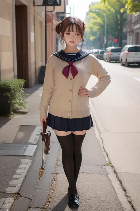 Masterpiece, best quality, one girl, delicate eyes, nice face, sailor uniform, standing, pose with sword, (black socks: 1.4), brown loafers, 8k