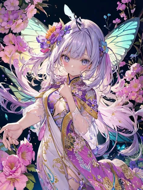 a beauty girl, Cute, Cute, Transparent, Beautiful, glinting, Leprechaun、Innocence, talent,Butterfly wings, tinker bell, Gentle, florals, Radiant, splatter step piece, Best Quality, of the highest quality, Official art, Beautiful and aesthetic: 1.2), (One g...