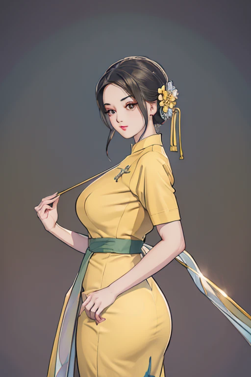 a beautiful girl in vintage colors aodai, masterpiece ,(Dye painting)  ( yellow color   dress ) wrapped in a large flower print( flower silk ..... with  ) best quality, realistic:1.3, street, cyberpunk, holding bundle of adubon sunlight, backlighting, (wel...