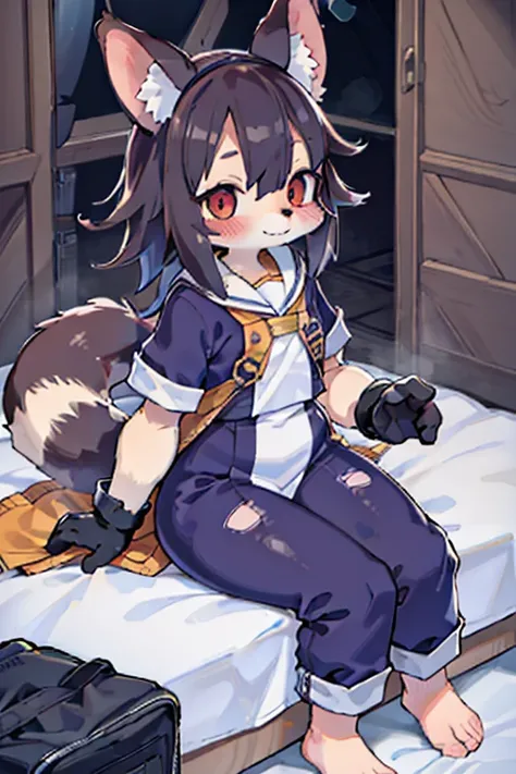 Scalpel, raccoon dog, Furry, Beastman, animal hair, tail, Sailor suit, Short sleeve, Jersey pants, Long trousers, gloves, barefoot, School, Primary school students, Physical examination, bed