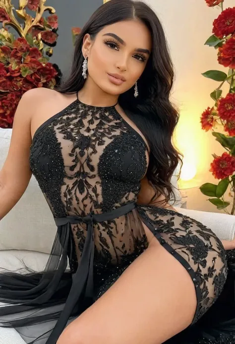 (best high quality:1.2), 8k, extremely detailed, (High detail:1.2), ((perfect anatomy)), (Hotlexi woman), Solo, 24 year old Arabian female, ((black luxury dress)),