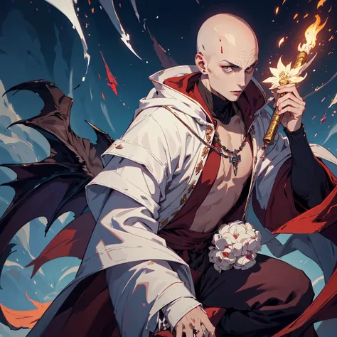 A flamboyant vampire greatly resembling Johnny Depp looks bored, (a young (25), bald, European monk, athletic, dressed in a white robe with platinum trim and a holy symbol of Bahamut) is explaining a moral lesson by a camp fire at night