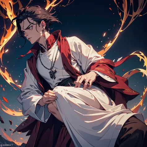 A flamboyant vampire greatly resembling Johnny Depp looks bored, (a young (25), bald, European monk, athletic, dressed in a white robe with platinum trim and a holy symbol of Bahamut) is explaining a moral lesson by a camp fire at night