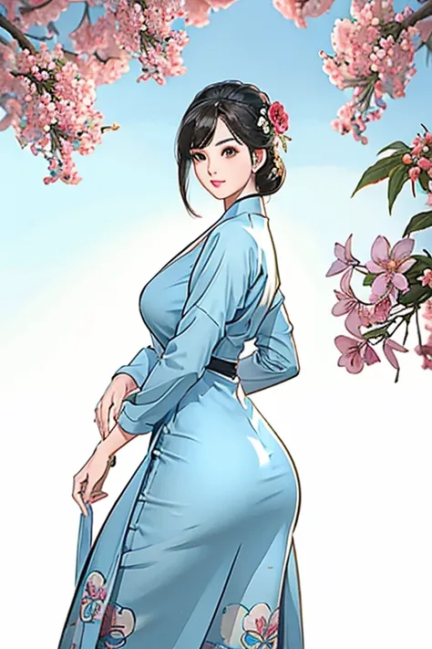 a beautiful girl in vintage colors aodai, masterpiece ,(Dye painting)  ( blue color   dress ) wrapped in a large flower print( flower silk ..... with  ) best quality, realistic:1.3, street, cyberpunk, holding bundle of adubon sunlight, backlighting, (well ...