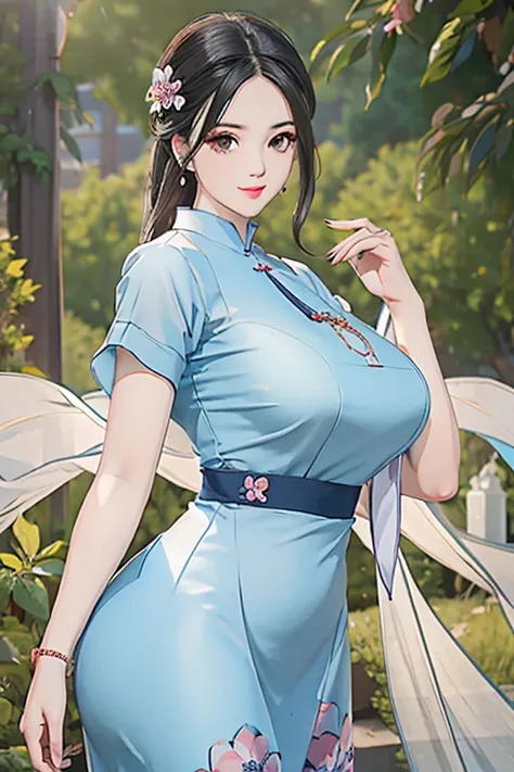 a beautiful girl in vintage colors aodai, masterpiece ,(Dye painting)  ( blue color   dress ) wrapped in a large flower print( flower silk ..... with  ) best quality, realistic:1.3, street, cyberpunk, holding bundle of adubon sunlight, backlighting, (well ...